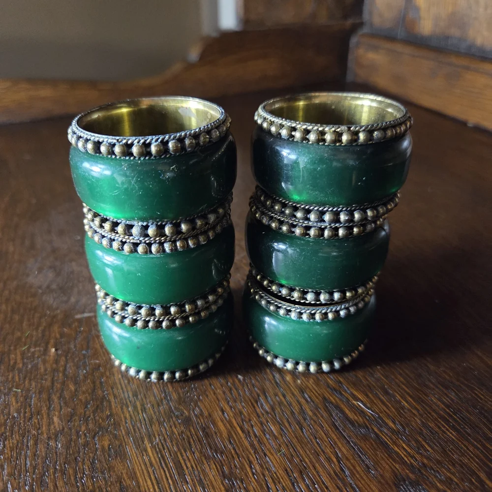 Emeraled Green and Brass Napkin Rings Set Of 6